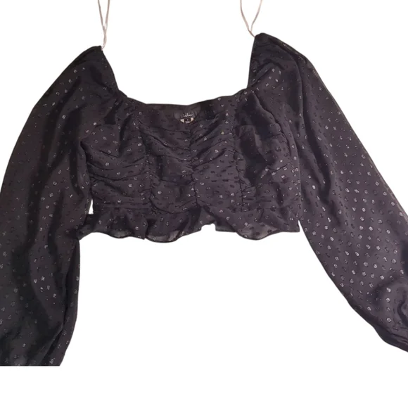 Lulu's Totally Charmed Black Ruched Clip Dot Balloon Sleeve Top Size Small - Picture 5 of 8